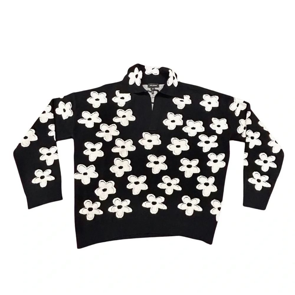 Marc Jacobs Daisy Jacquard Polo Sweater XS Black White Floral 2024